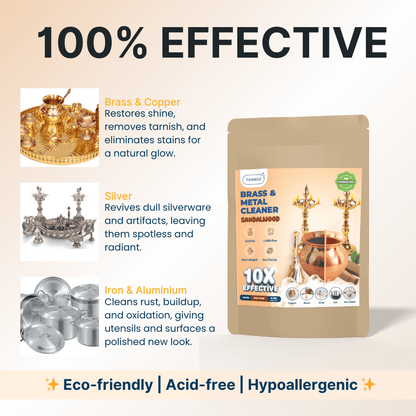 Eco-friendly brass and metal cleaner by TABBSZ – acid-free, hypoallergenic solution for cleaning brass, copper, silver, iron, and aluminium utensils, pooja items, and artifacts. Restores shine, removes tarnish, rust, and stains for a natural polished glow.