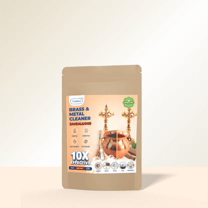 TABBSZ Brass & Metal Cleaner Sandalwood – eco-friendly, acid-free powder for brass, copper, silver, iron, and aluminium utensils & pooja items. Restores shine, removes tarnish, rust, and stains.