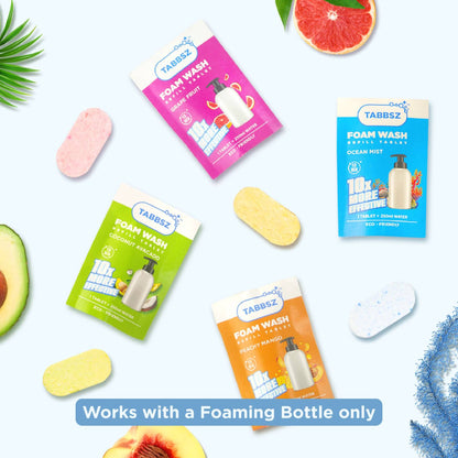 tabbsz, foam wash, assorted pack pack of 2,pack of 8,pack of 16,pack of 32, foam wash tablets, plastic free, nontoxic, child safe, skin friendly, zero waste, eco friendly, India's first foam wash tablet, shipping globally, sensitive skin foam wash, gentle foam wash for sensitive skin, refillable foam wash, best foam wash, affordable foam wash